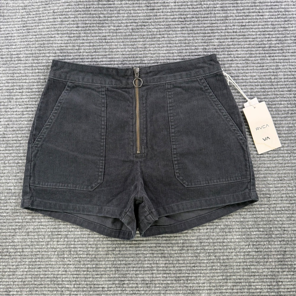 NEW‎ RVCA Goldie Corduroy Shorts Womens 26 Black High Waisted Exposed Zip Casual